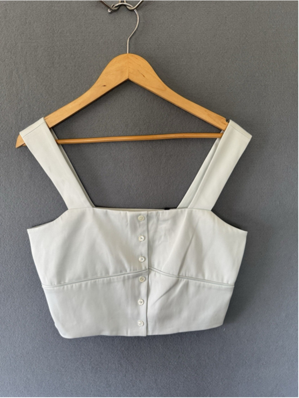 NWT The Kooples Size 3 Ice Blue Silver Satin Crop Top Wide Strap Button Front - Picture 2 of 8